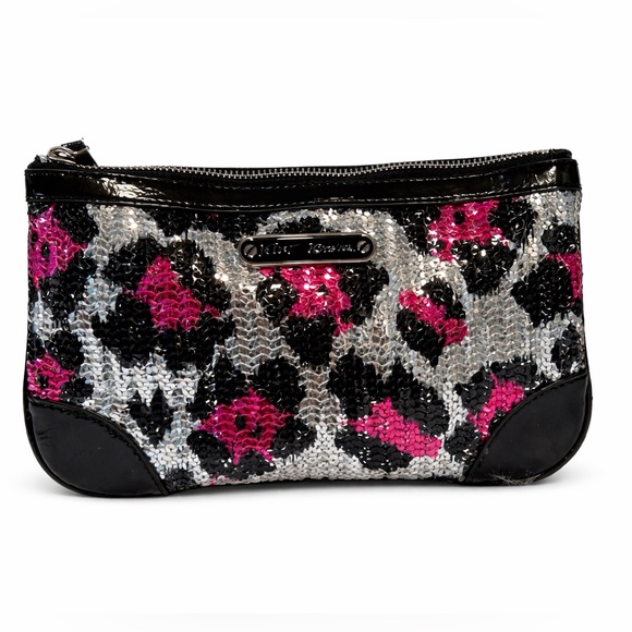 Betsey Johnson Handbags - Betsey Johnson Sequin Clutch Black Pink Silver Zip Pouch Evening Bag